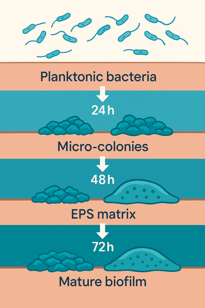 Four-stage diagram showing planktonic bacteria, micro-colonies, EPS matrix, and mature biofilm over 72 hours.
